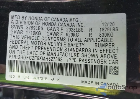 2021 Honda Civic Lx from USA, damaged, VIN 2HGFC2F6XMH527362